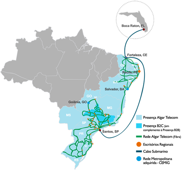 Mapa do Brasil destacando regiões de cobertura Algar